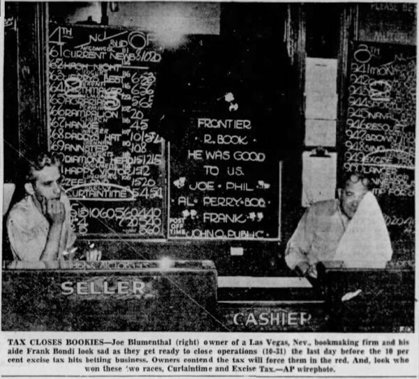 Bookies Joe Blumental and Frank Bondi at the Frontier Turf Club, Las Vegas, October 31, 1951